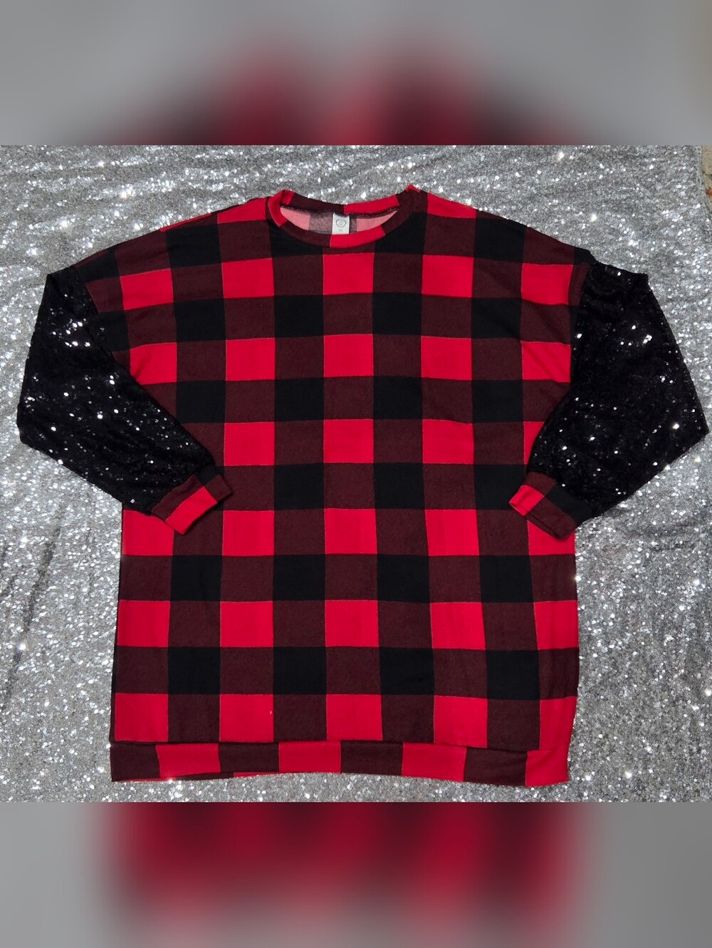 Women's Red & Black Buffalo Plaid Crewneck Sweater with Sequin Sleeves